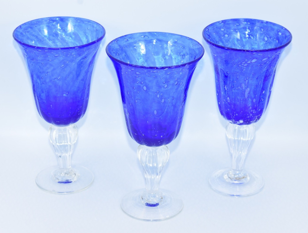 Val De Pome Christophe Saba Biot Seeded Blue Wine/Water Stemware Goblets France